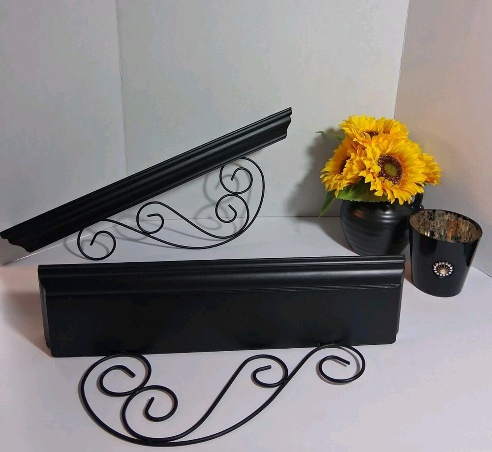 Wooden Black Floating Wall Shelves; Decorative Metal Scroll Bracket Ledge;14"x8"
